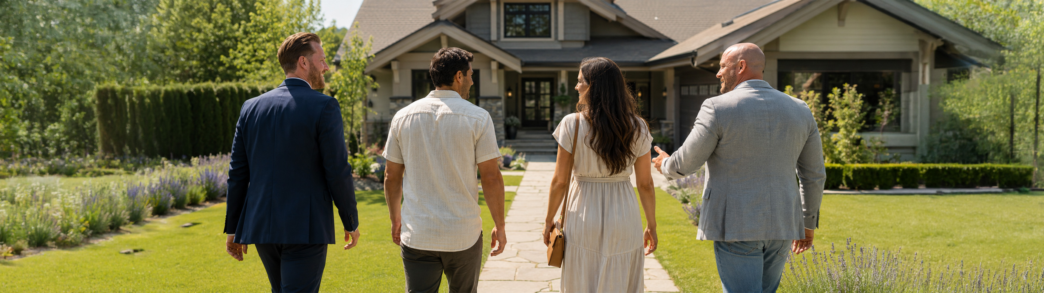 Ryan Featherstone and Paul Sadler walking two buyers up the path to a house