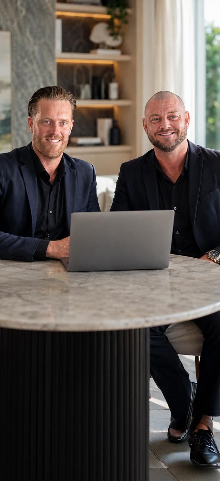 Ryan Featherstone and Paul Sadler at their office table